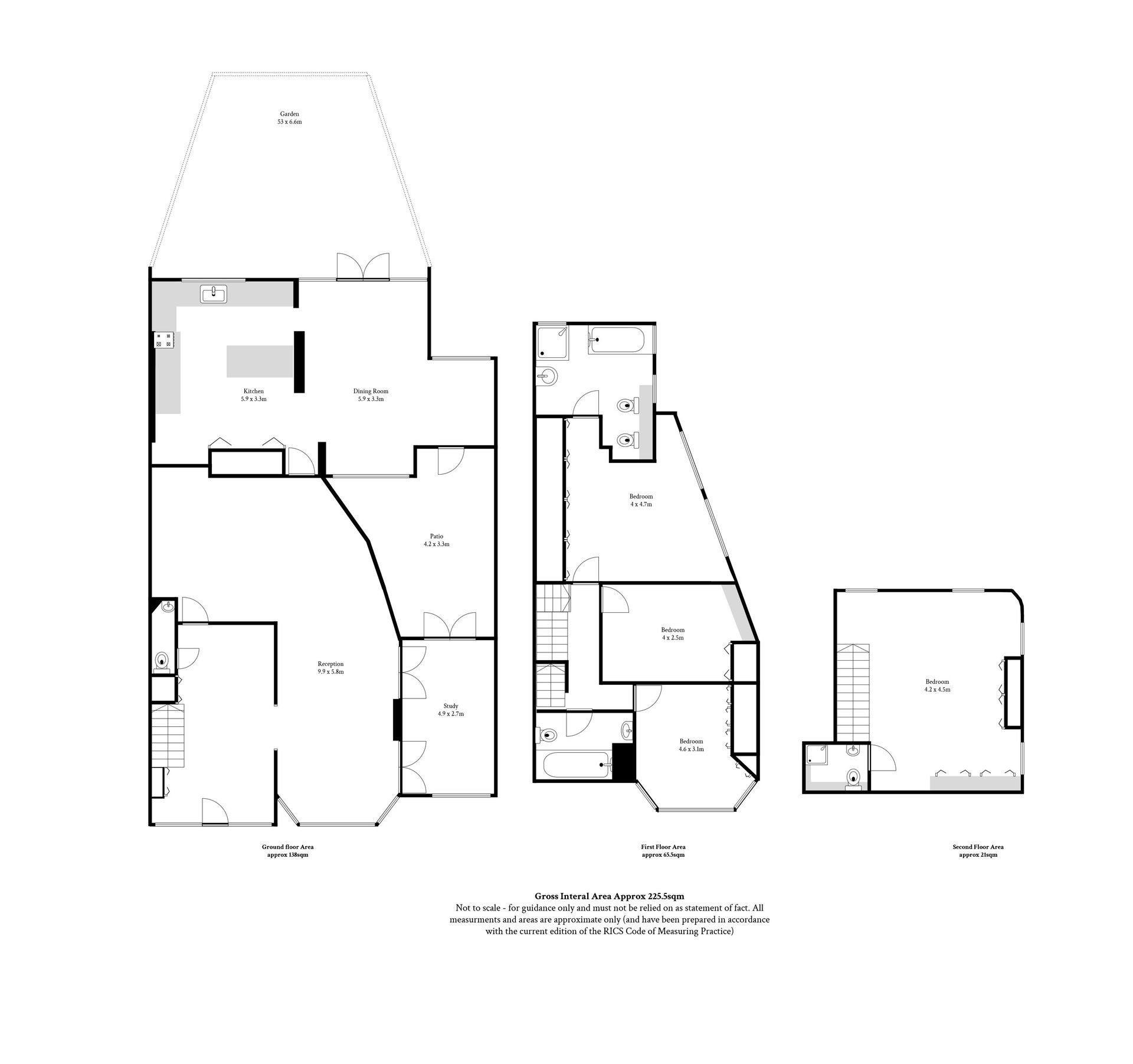 Detailed floor plan diagram of a three-story house showing room layouts and measurements for each level.